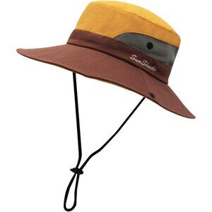 Unisex Yellow-Brown Polyester Wide Brim Mesh Vent Chin Strap Classic Cowboy Hat